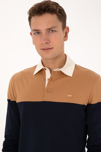 Erkek Regular Fit Polo Yaka Camel Sweatshirt