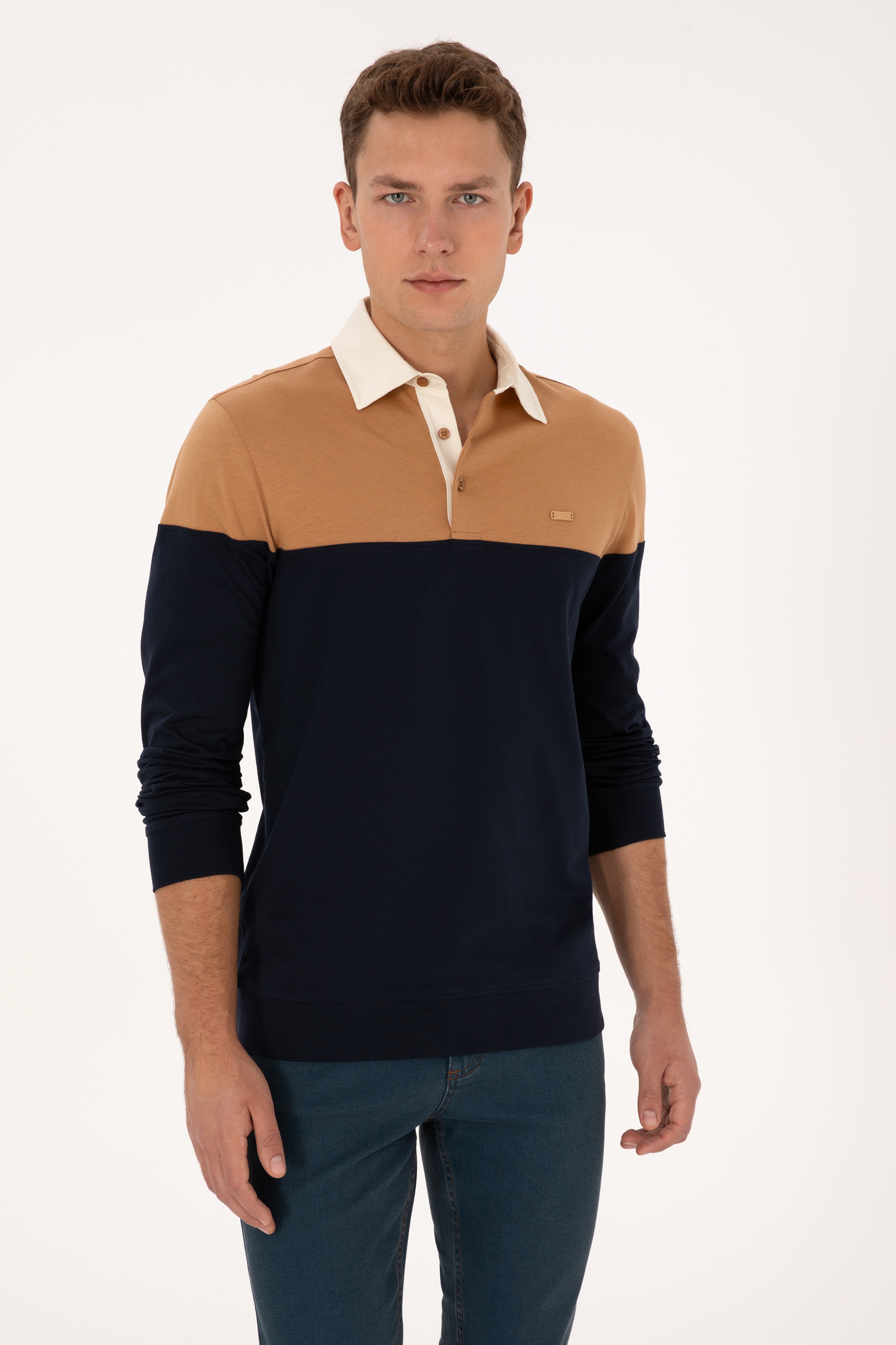 Erkek Regular Fit Polo Yaka Camel Sweatshirt - Image 1