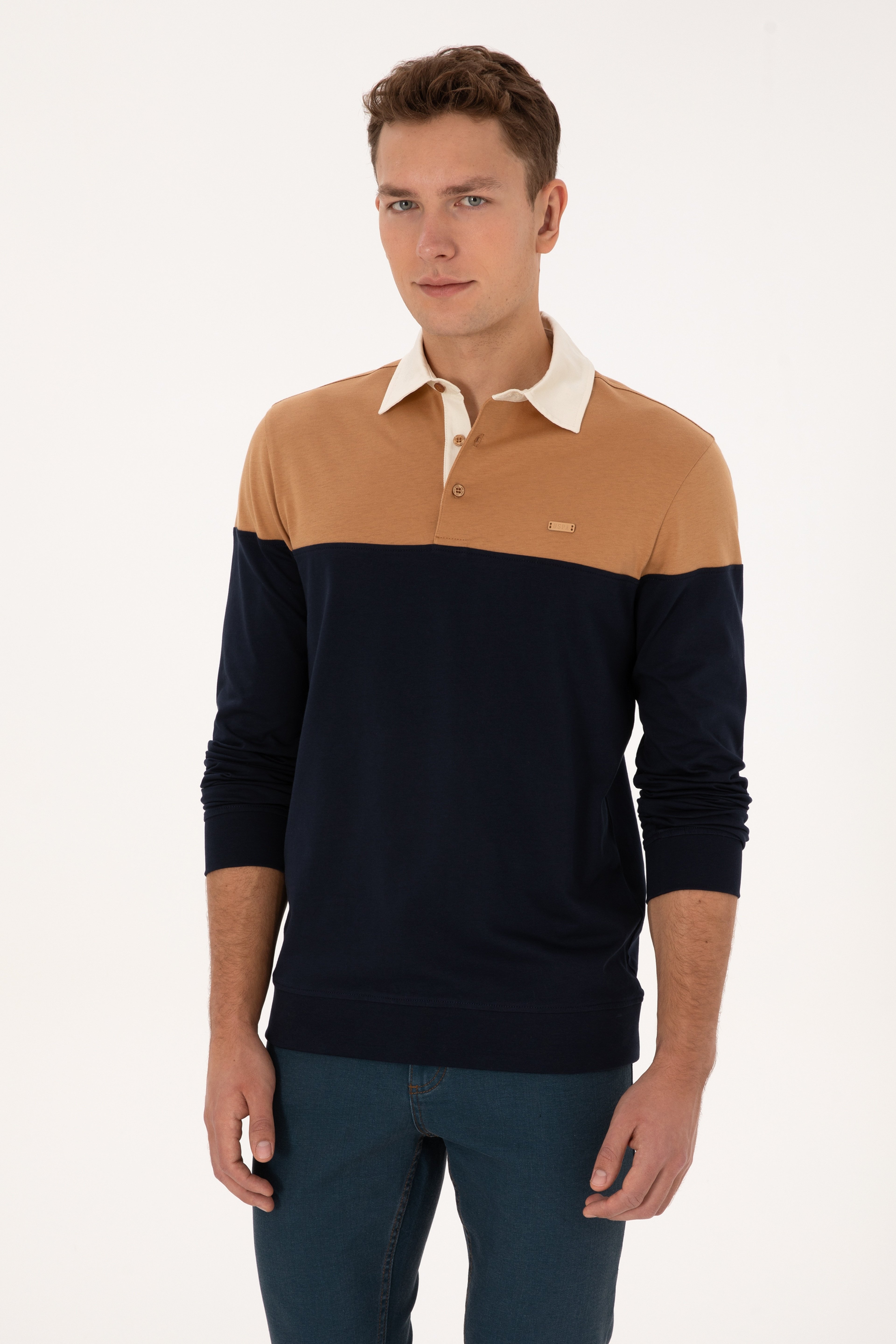 Erkek Regular Fit Polo Yaka Camel Sweatshirt - Image 3