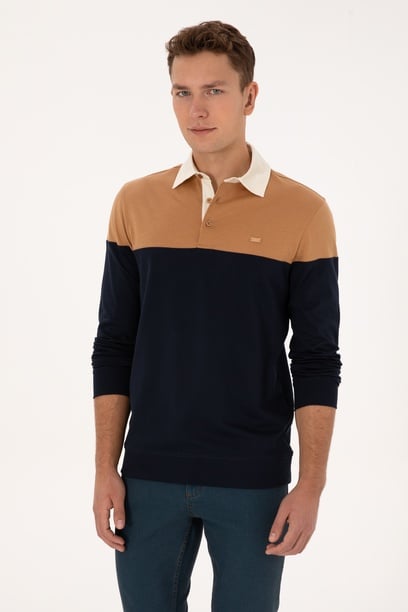 Erkek Regular Fit Polo Yaka Camel Sweatshirt