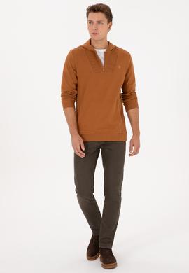 Erkek Regular Fit Yarım Fermuarlı Kapüşonlu Camel Sweatshirt - 50316391009