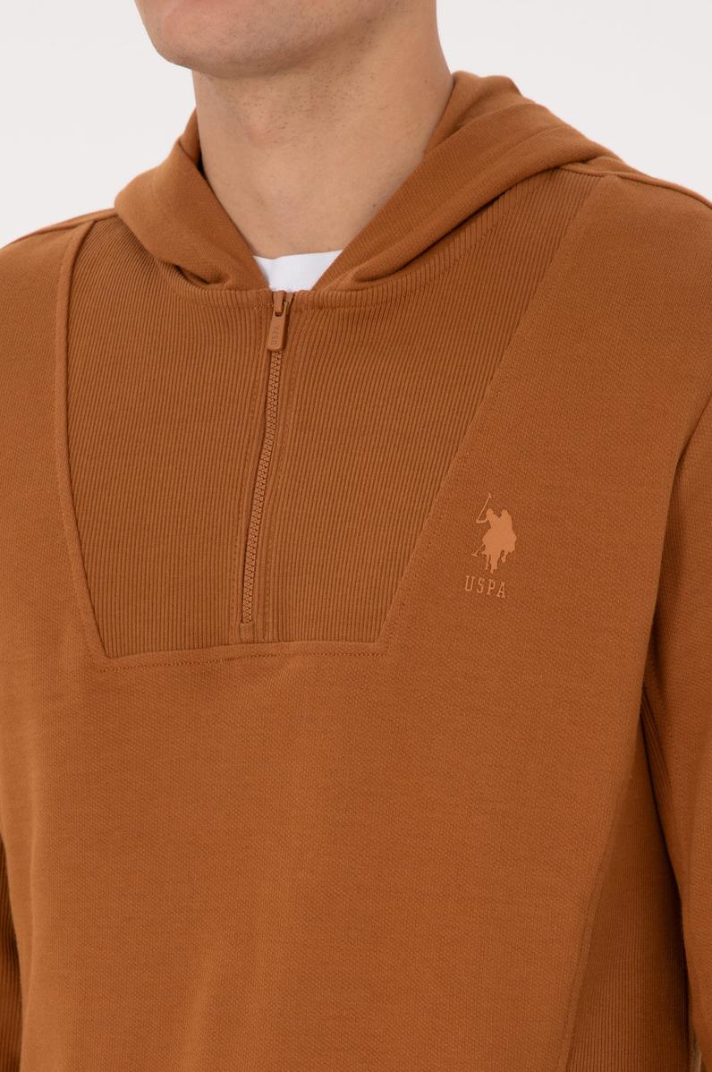 Erkek Regular Fit Yarım Fermuarlı Kapüşonlu Camel Sweatshirt