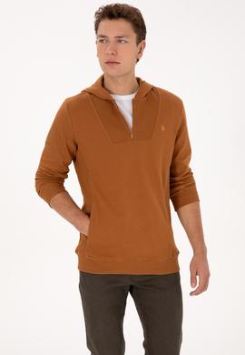 Erkek Regular Fit Yarım Fermuarlı Kapüşonlu Camel Sweatshirt - 50316391009