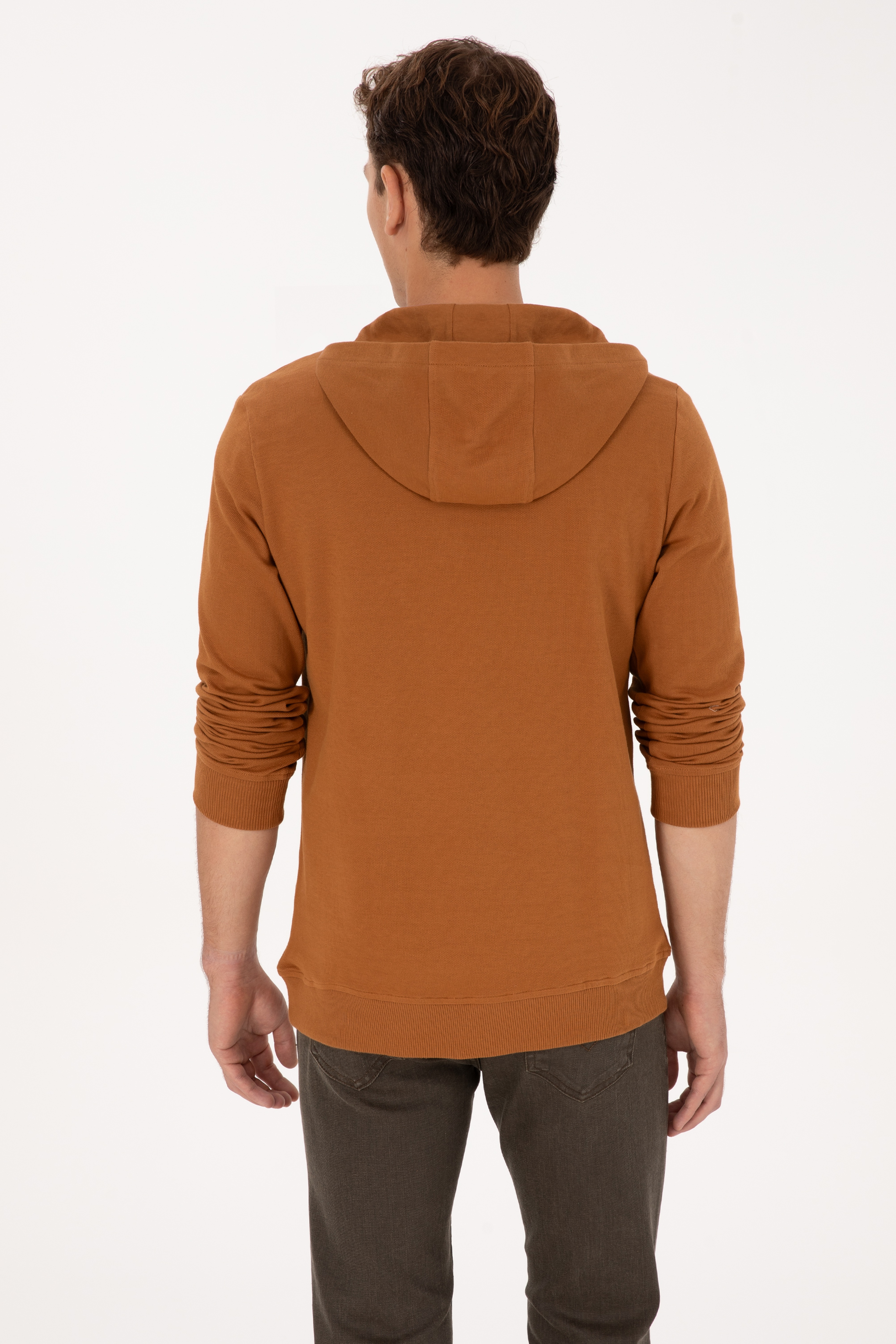 Erkek Regular Fit Yarım Fermuarlı Kapüşonlu Camel Sweatshirt - Image 5