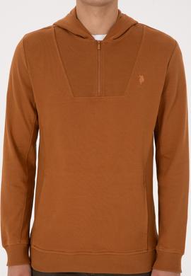Erkek Regular Fit Yarım Fermuarlı Kapüşonlu Camel Sweatshirt - 50316391009