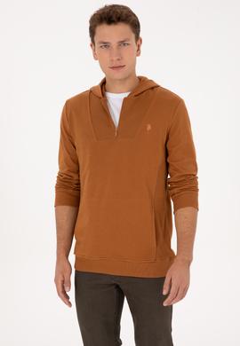 Erkek Regular Fit Yarım Fermuarlı Kapüşonlu Camel Sweatshirt - 50316391009
