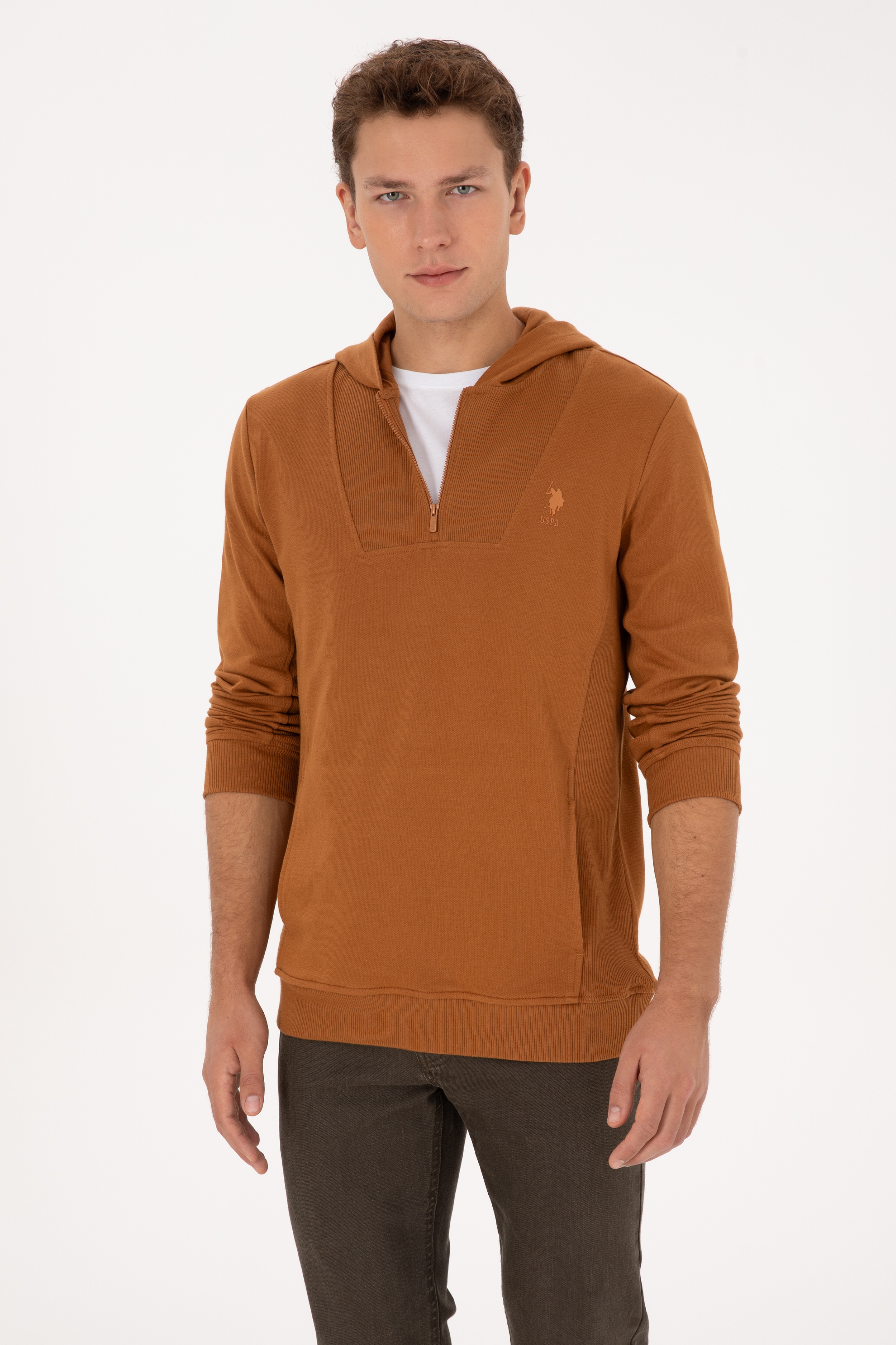 Erkek Regular Fit Yarım Fermuarlı Kapüşonlu Camel Sweatshirt - Image 3