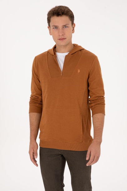 Erkek Regular Fit Yarım Fermuarlı Kapüşonlu Camel Sweatshirt