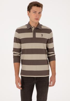 Erkek Regular Fit Polo Yaka Çizgili Vizon Sweatshirt - 50316467016