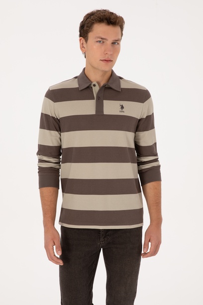 Erkek Regular Fit Polo Yaka Vizon Sweatshirt