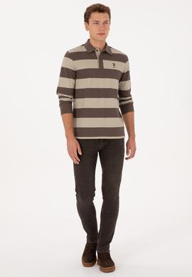 Erkek Regular Fit Polo Yaka Çizgili Vizon Sweatshirt - 50316467016