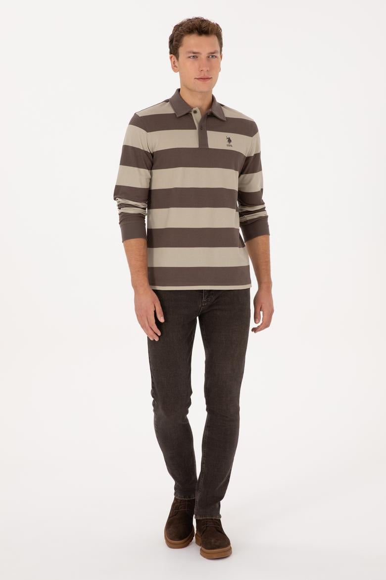 Erkek Regular Fit Polo Yaka Çizgili Vizon Sweatshirt - 50316467016