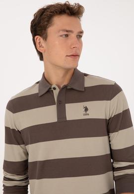 Erkek Regular Fit Polo Yaka Çizgili Vizon Sweatshirt - 50316467016