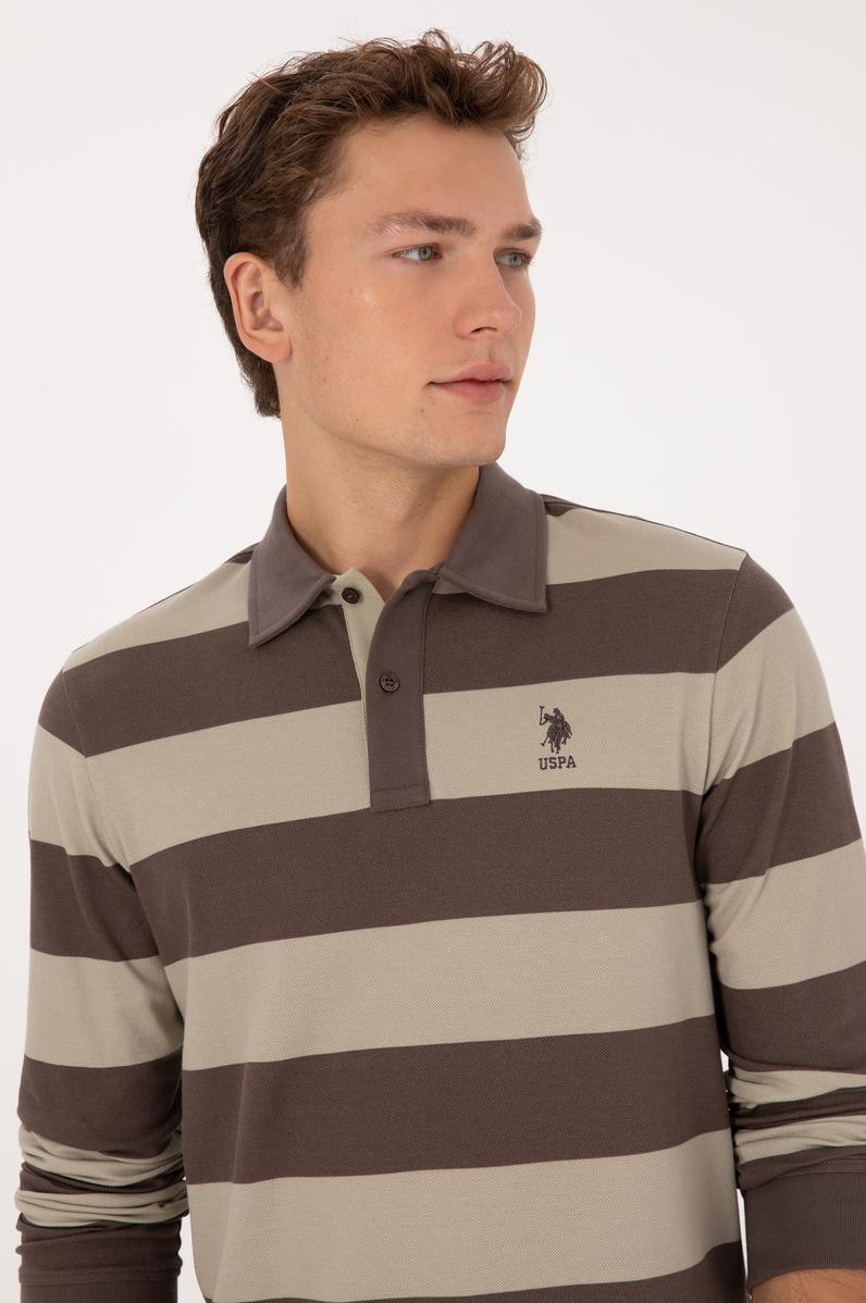 Erkek Regular Fit Polo Yaka Çizgili Vizon Sweatshirt