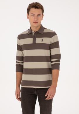 Erkek Regular Fit Polo Yaka Çizgili Vizon Sweatshirt - 50316467016