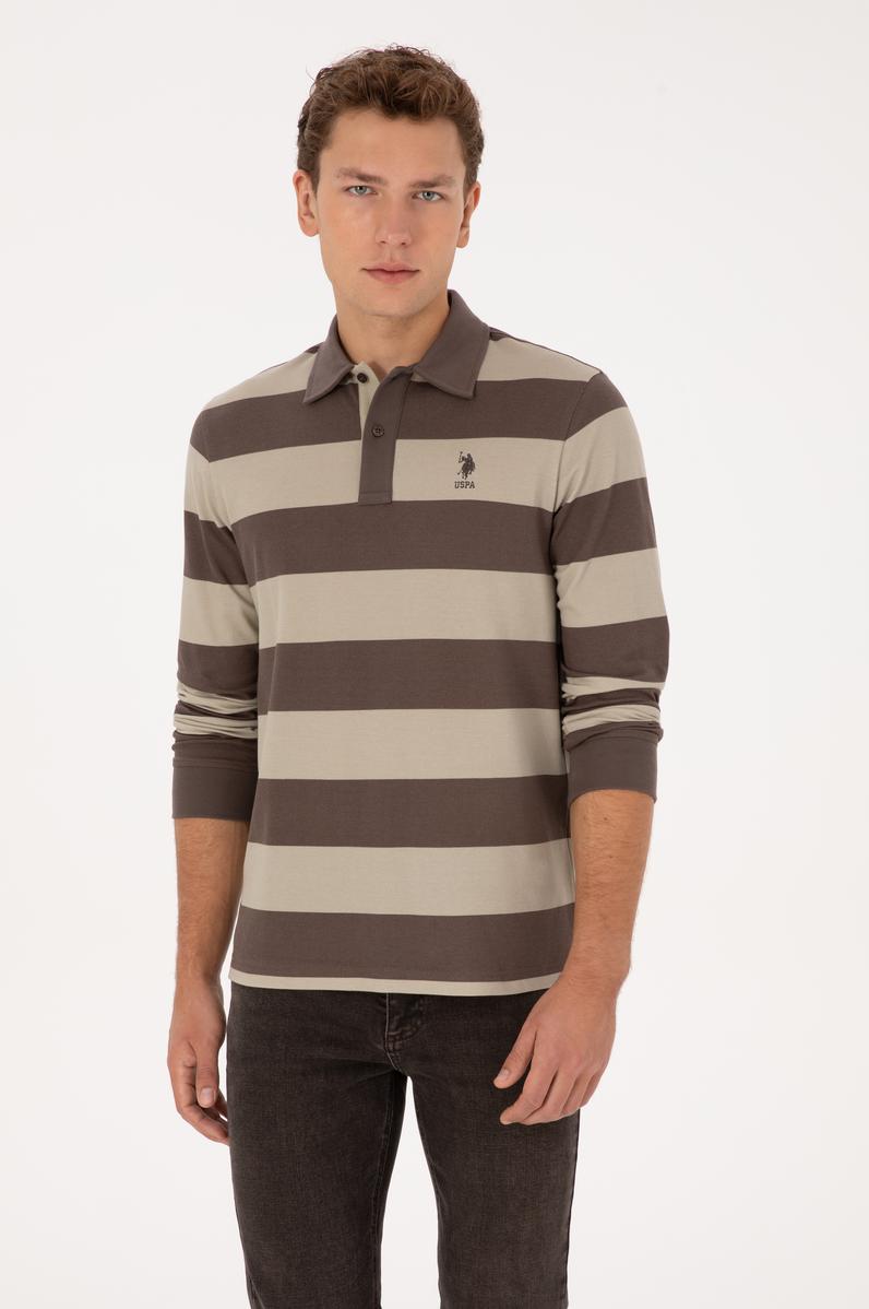 Erkek Regular Fit Polo Yaka Çizgili Vizon Sweatshirt