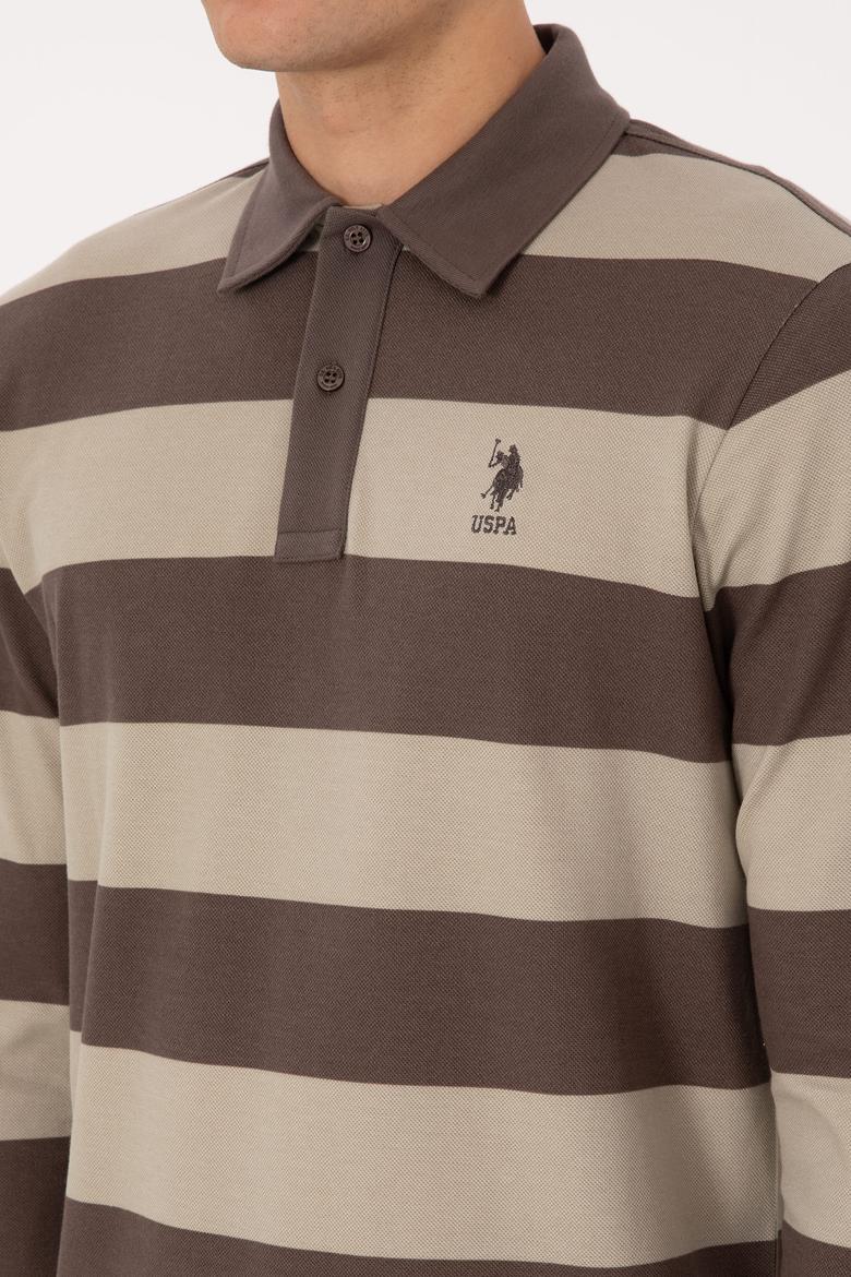 Erkek Regular Fit Polo Yaka Çizgili Vizon Sweatshirt - 50316467016