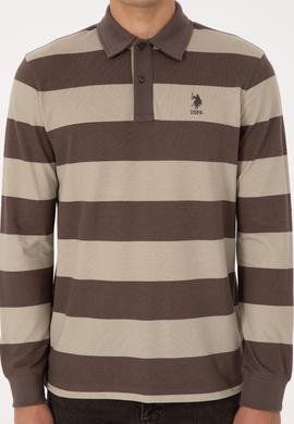 Erkek Regular Fit Polo Yaka Çizgili Vizon Sweatshirt - 50316467016