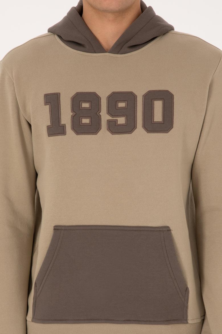 Erkek Regular Fit Kapüşonlu Şardonlu Açık Haki Sweatshirt - 50316359061