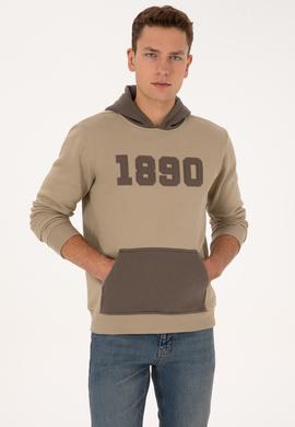 Erkek Regular Fit Kapüşonlu Şardonlu Açık Haki Sweatshirt - 50316359061