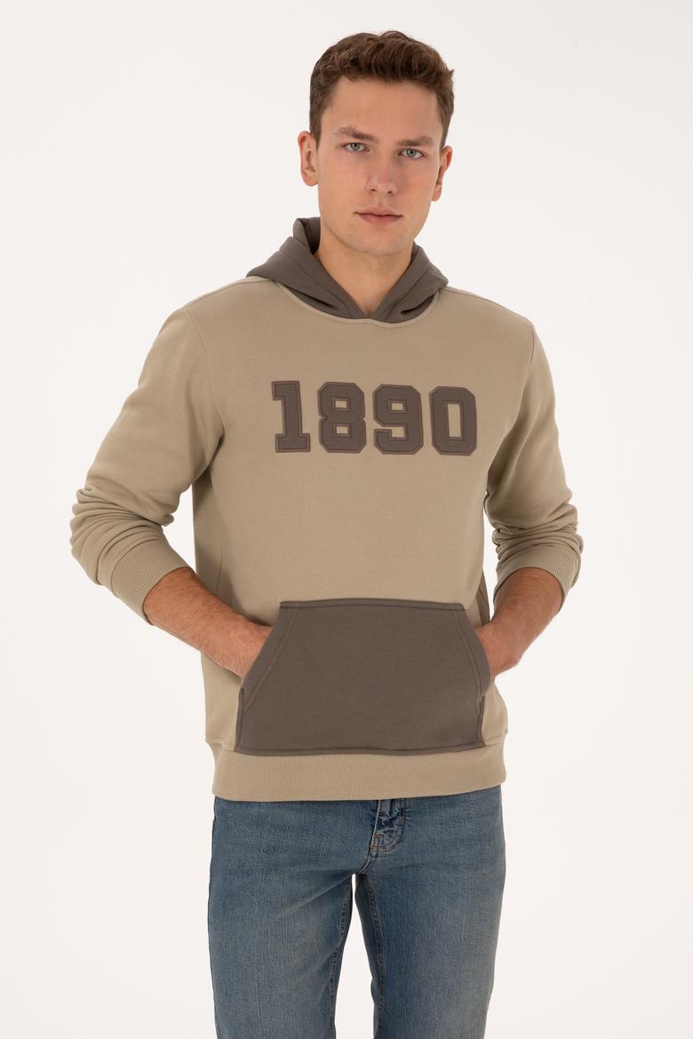 Erkek Regular Fit Kapüşonlu Şardonlu Açık Haki Sweatshirt