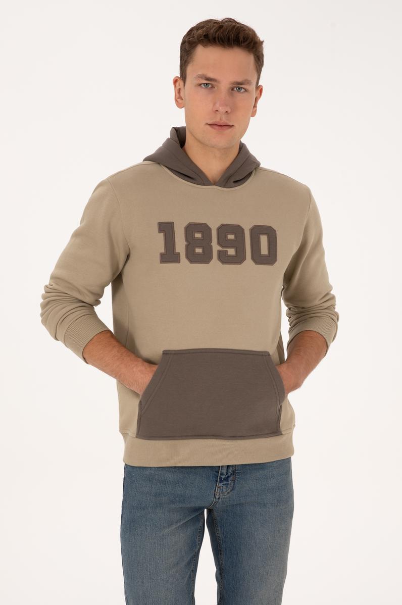 Erkek Regular Fit Kapüşonlu Şardonlu Açık Haki Sweatshirt