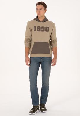 Erkek Regular Fit Kapüşonlu Şardonlu Açık Haki Sweatshirt - 50316359061