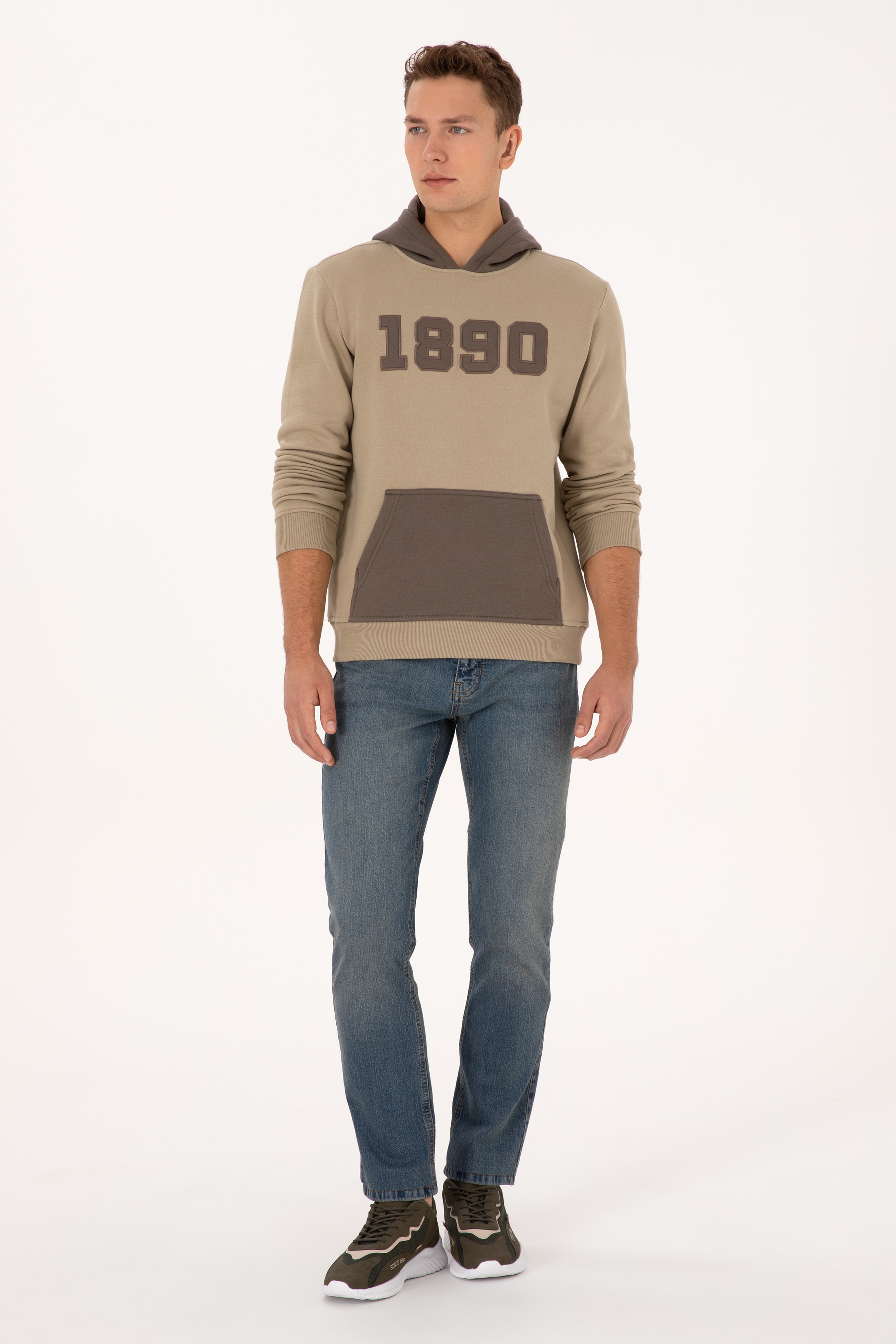 Erkek Regular Fit Kapüşonlu Şardonlu Açık Haki Sweatshirt