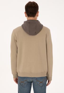 Erkek Regular Fit Kapüşonlu Şardonlu Açık Haki Sweatshirt - 50316359061