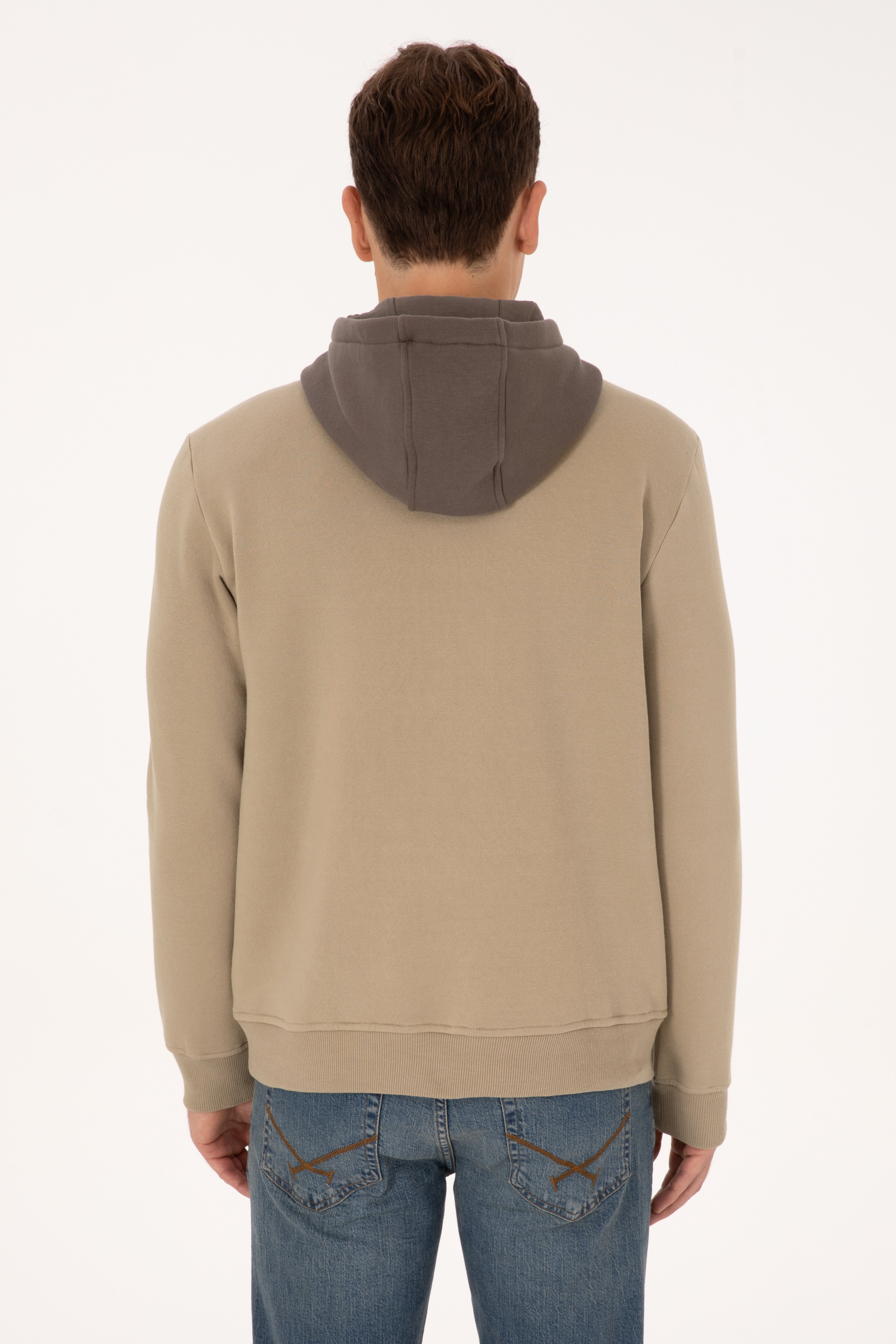 Erkek Regular Fit Kapüşonlu Şardonlu Açık Haki Sweatshirt