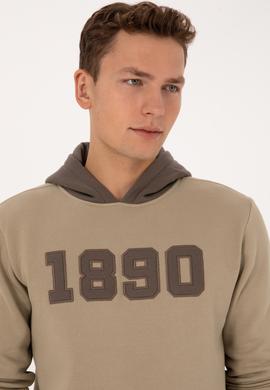 Erkek Regular Fit Kapüşonlu Şardonlu Açık Haki Sweatshirt - 50316359061