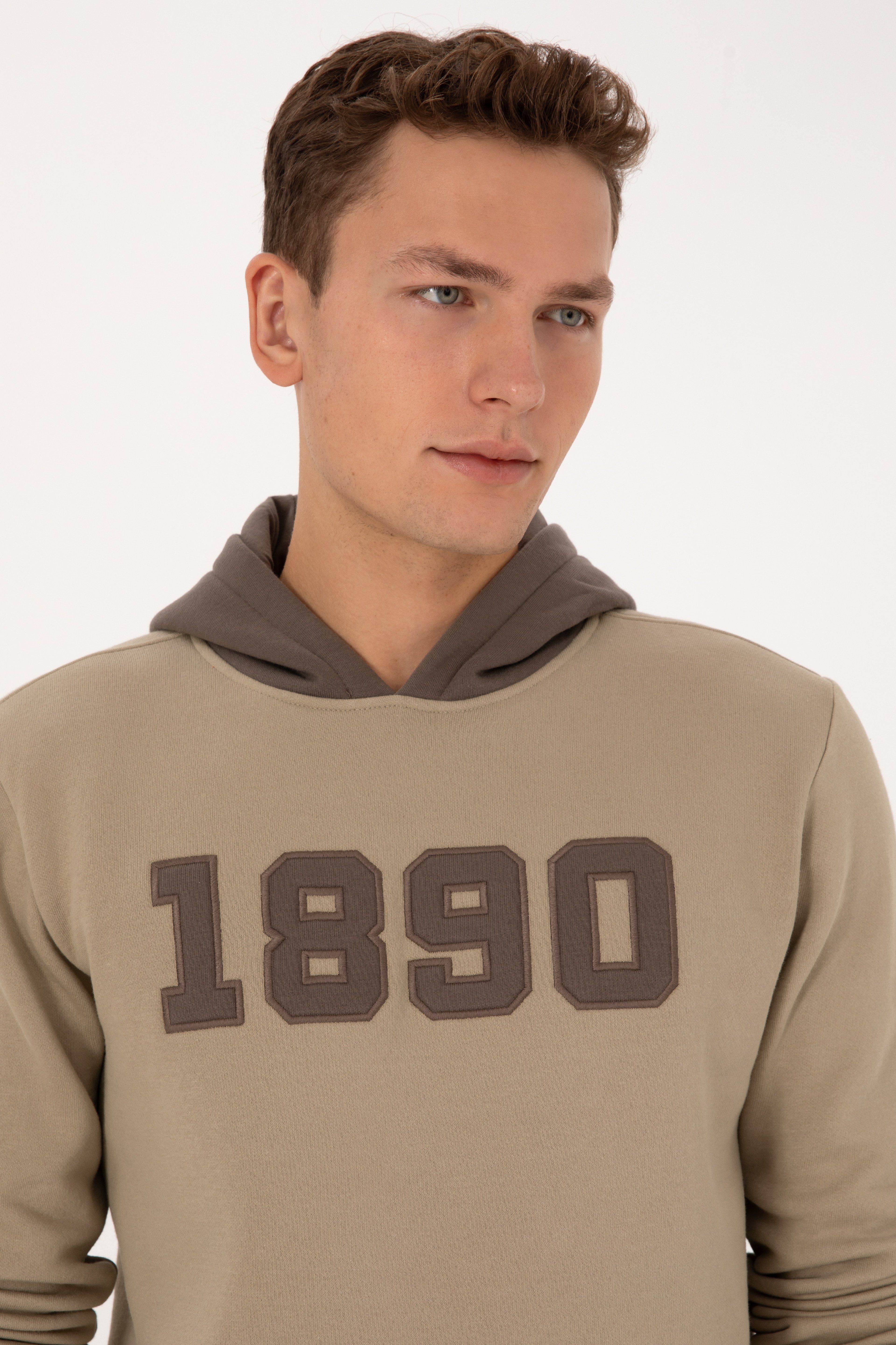 Erkek Regular Fit Kapüşonlu Şardonlu Açık Haki Sweatshirt