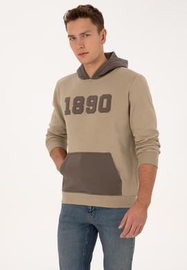 Erkek Regular Fit Kapüşonlu Şardonlu Açık Haki Sweatshirt - 50316359061