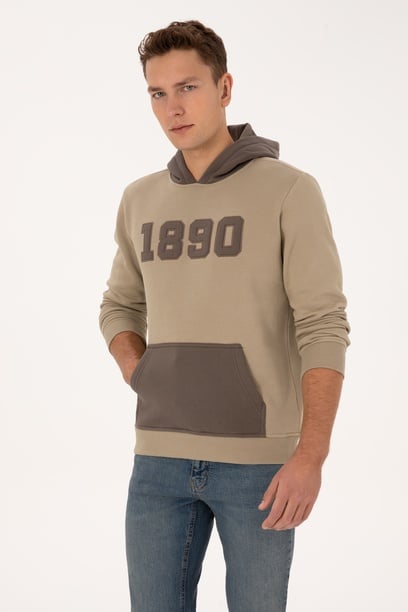 Erkek Regular Fit Kapüşonlu Şardonlu Açık Haki Sweatshirt