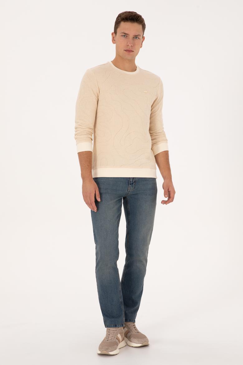 Erkek Regular Fit Bisiklet Yaka Desenli Krem Sweatshirt - 50308910019