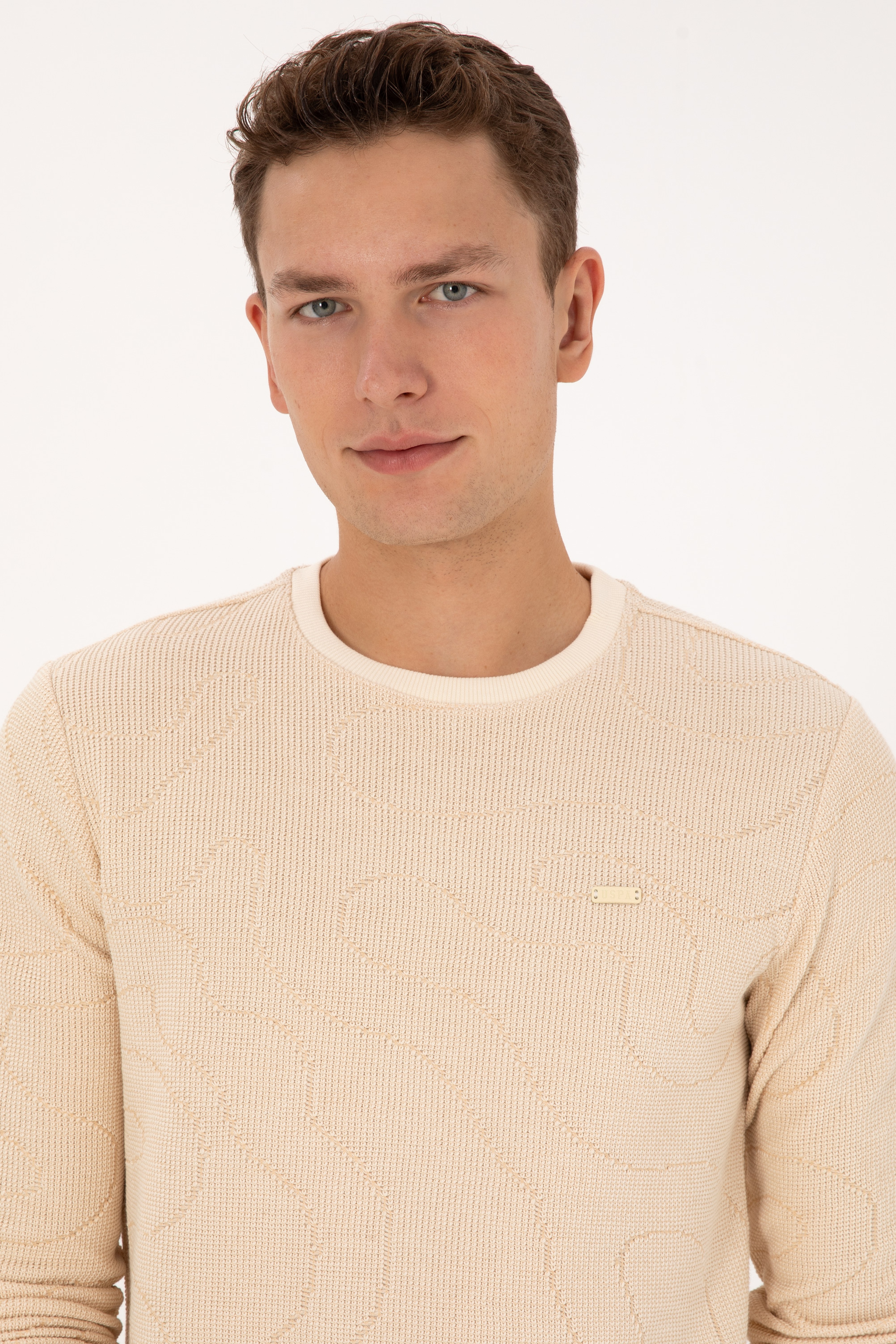 Erkek Regular Fit Bisiklet Yaka Desenli Krem Sweatshirt - Image 2