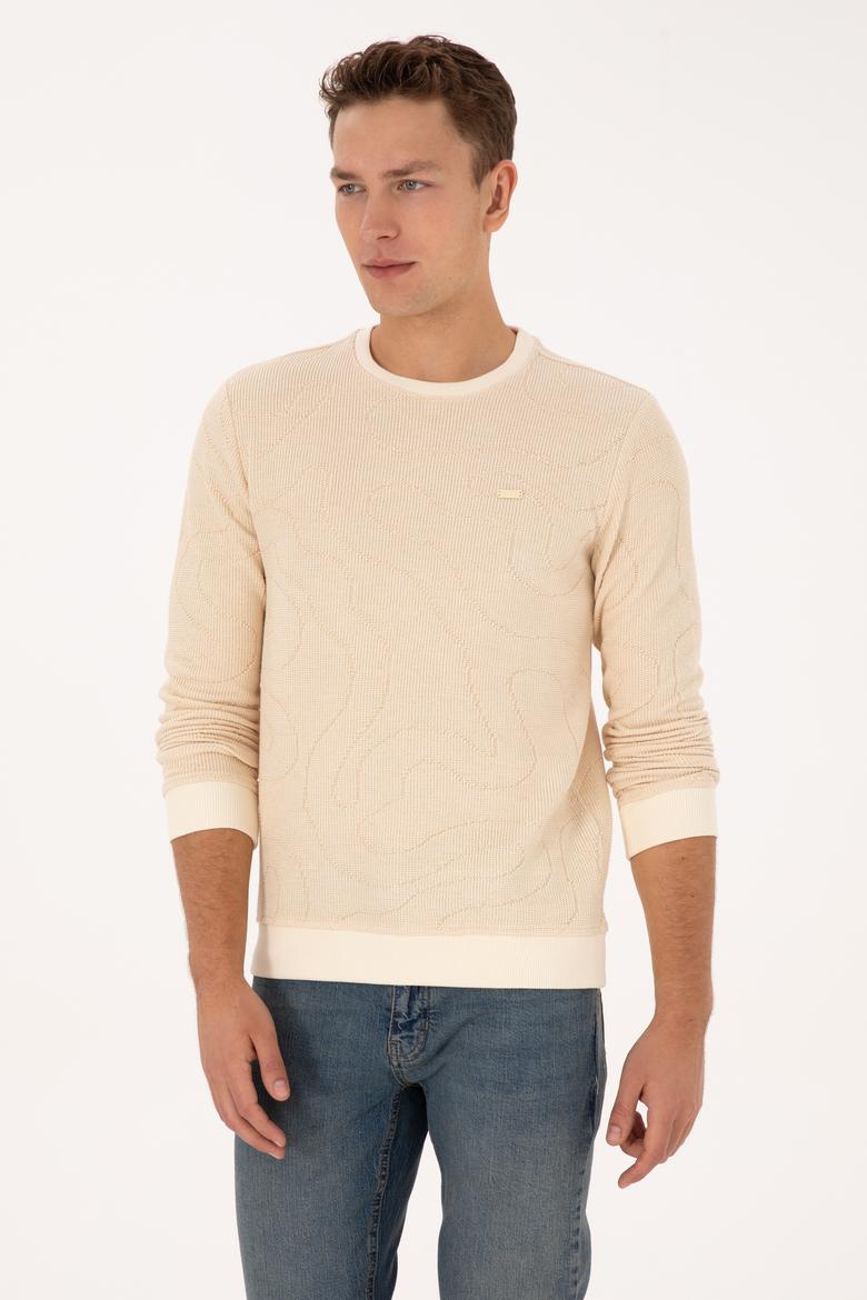 Erkek Regular Fit Bisiklet Yaka Desenli Krem Sweatshirt - 50308910019