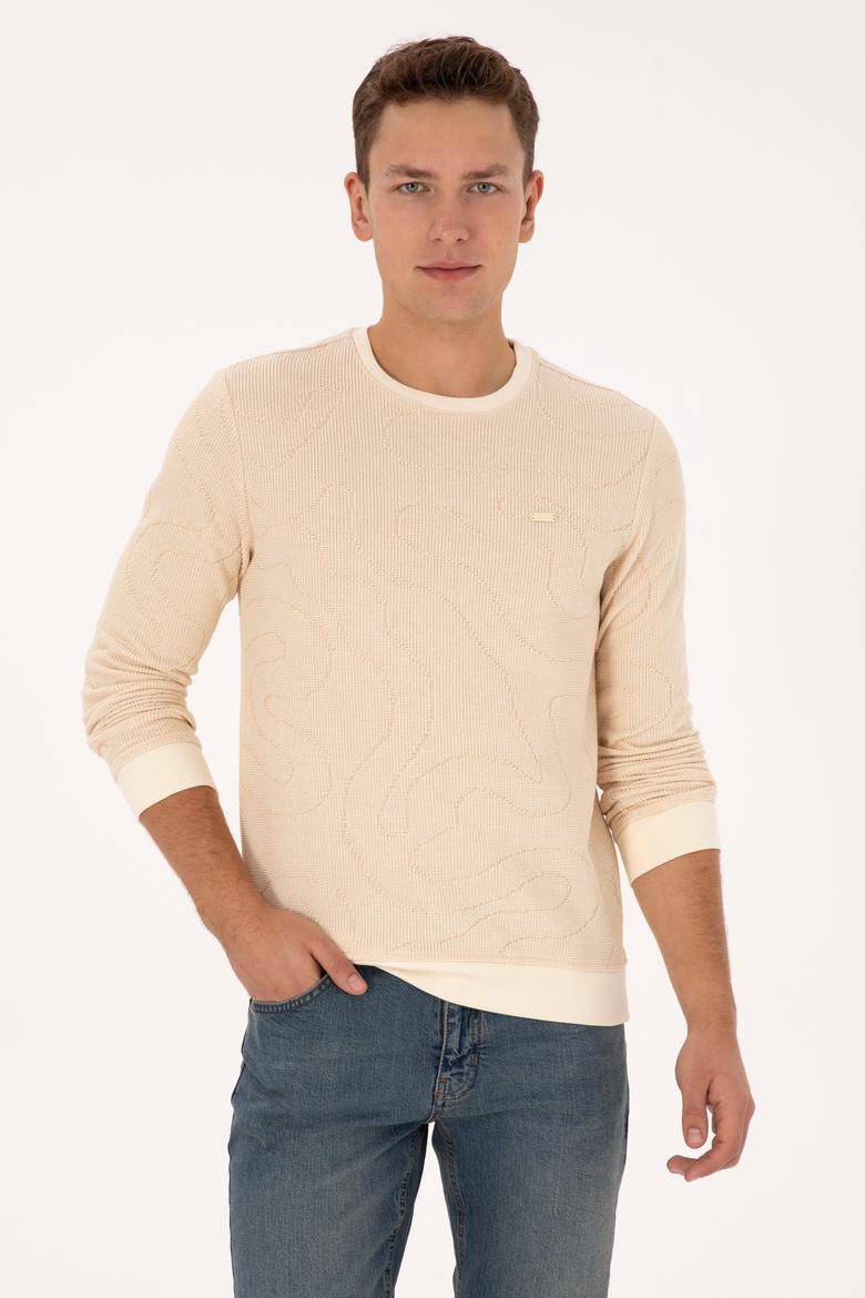 Erkek Regular Fit Bisiklet Yaka Desenli Krem Sweatshirt