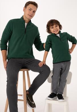Erkek Regular Fit Koyu Yeşil Polar Yarım Fermuarlı Basic Sweatshirt - 50313777003