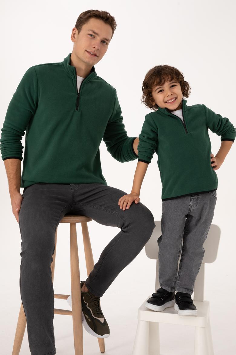 Erkek Regular Fit Koyu Yeşil Polar Yarım Fermuarlı Basic Sweatshirt - 50313777003