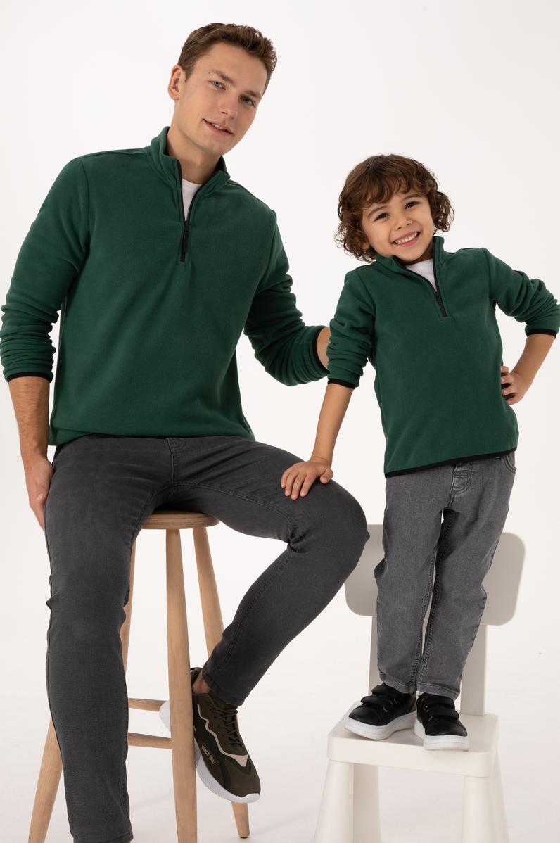 Erkek Regular Fit Koyu Yeşil Polar Yarım Fermuarlı Basic Sweatshirt