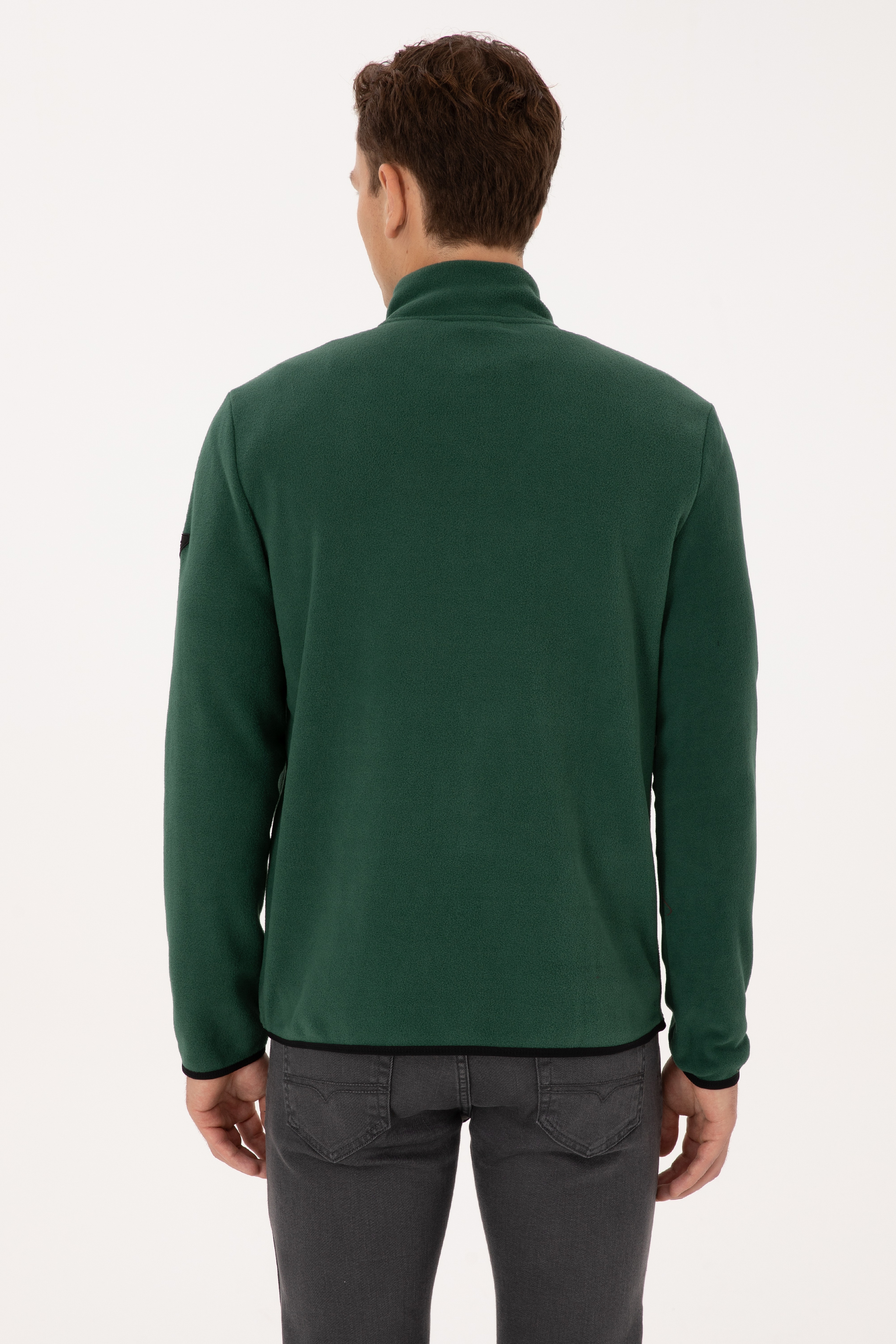 Erkek Regular Fit Koyu Yeşil Polar Yarım Fermuarlı Basic Sweatshirt - Image 5