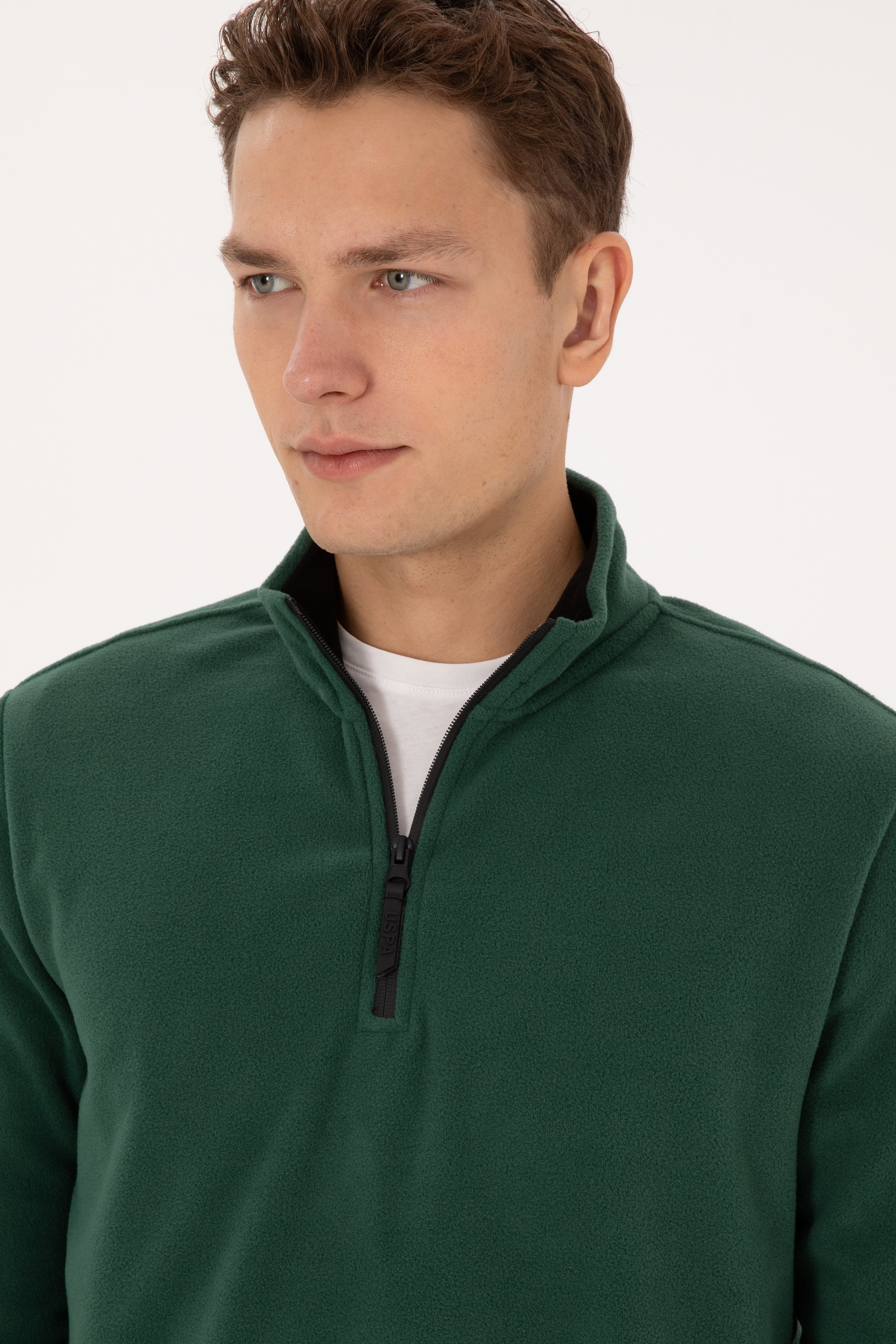 Erkek Regular Fit Koyu Yeşil Polar Yarım Fermuarlı Basic Sweatshirt - Image 2