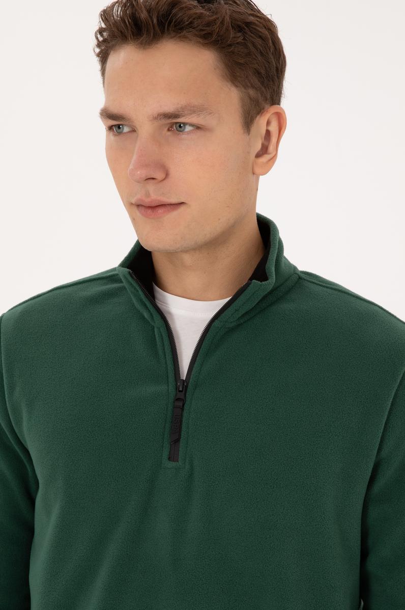 Erkek Regular Fit Koyu Yeşil Polar Yarım Fermuarlı Basic Sweatshirt