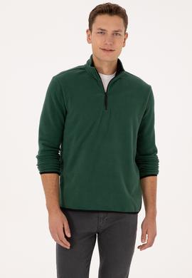Erkek Regular Fit Koyu Yeşil Polar Yarım Fermuarlı Basic Sweatshirt - 50313777003