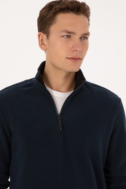 Erkek Regular Fit Lacivert Polar Yarım Fermuarlı Basic Sweatshirt