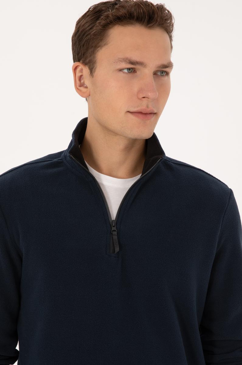 Erkek Regular Fit Lacivert Polar Yarım Fermuarlı Basic Sweatshirt