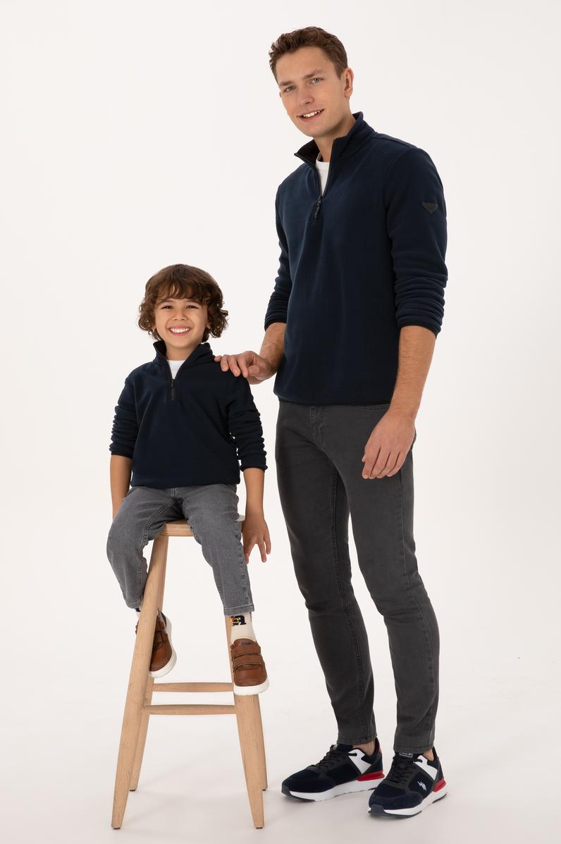 Erkek Regular Fit Lacivert Polar Yarım Fermuarlı Basic Sweatshirt