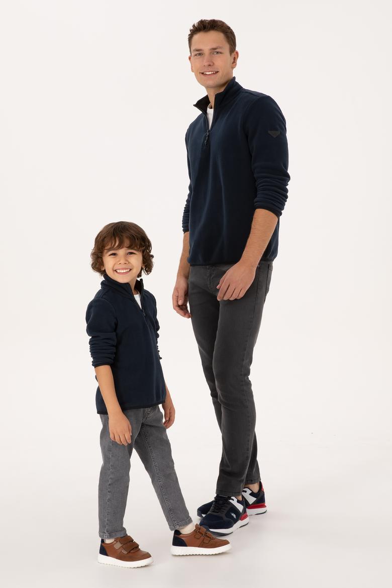 Erkek Regular Fit Lacivert Polar Yarım Fermuarlı Basic Sweatshirt