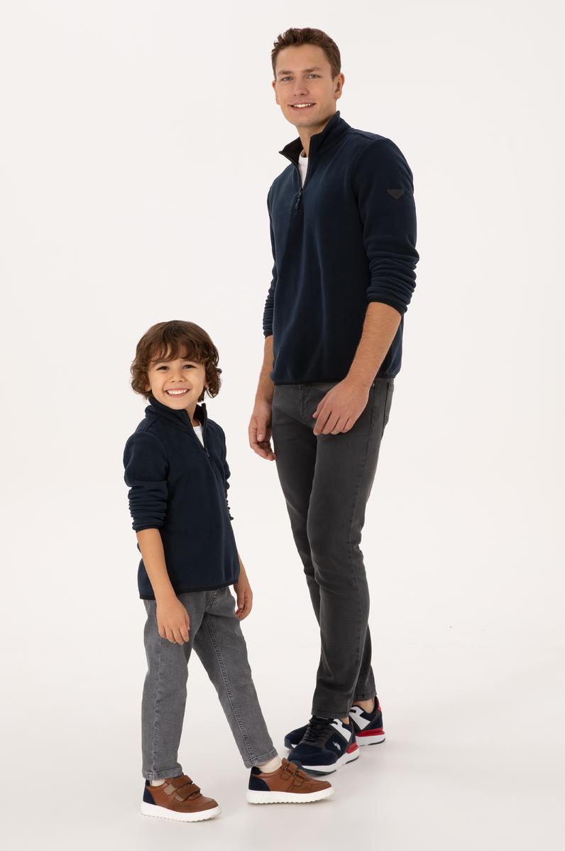 Erkek Regular Fit Lacivert Polar Yarım Fermuarlı Basic Sweatshirt